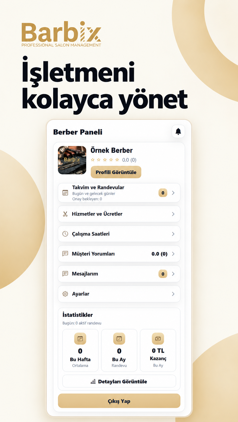 Barbix işletme paneli: takvim ve randevular, hizmetler ve ücretler, çalışma saatleri, müşteri yorumları, mesajlar ve istatistikler